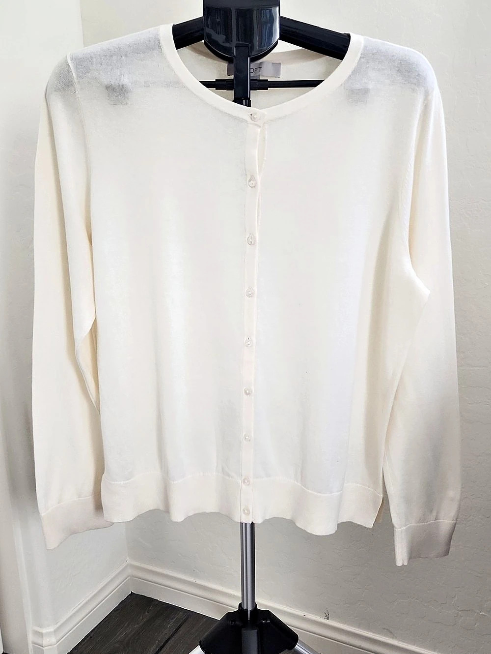 LOFT Modern Crew Neck Cardigan XL White & Blue
